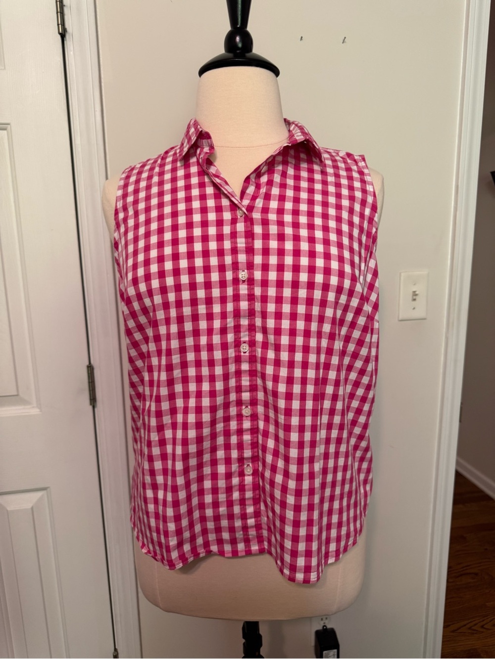 J. Crew Hot Pink and White Gingham Blouse